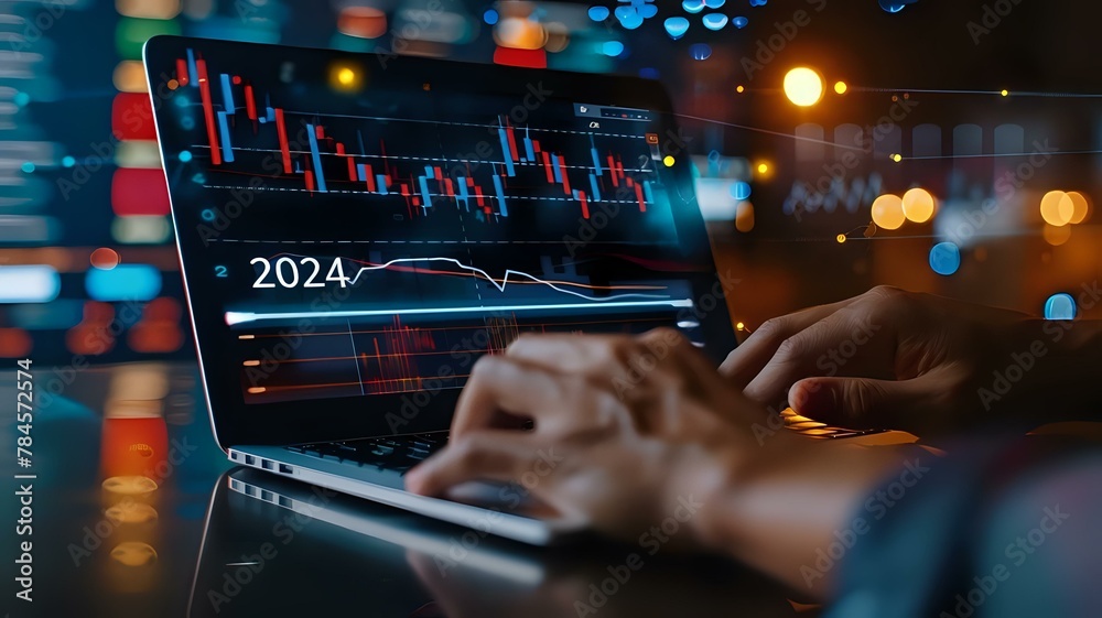 Fototapeta premium Hands working on laptop to show rising graph and candlestick data for business growth in 2024