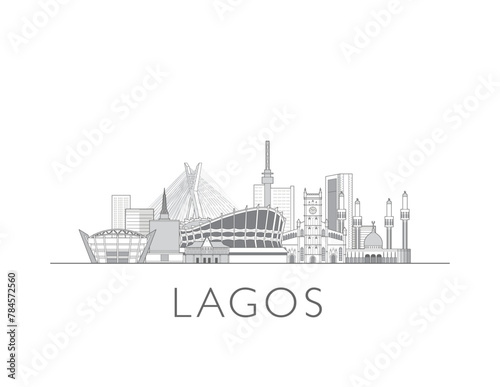Lagos skyline cityscape line art style vector illustration in black and white