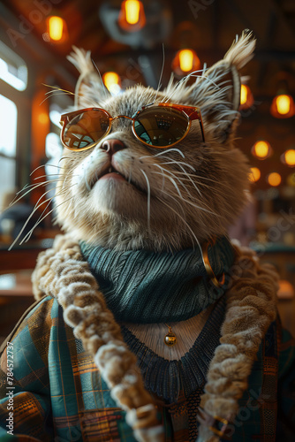 A cat wearing sunglasses and a scarf is posing for a picture