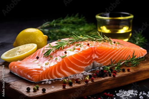 Raw salmon fillet with herbs, lemon and spices on black background