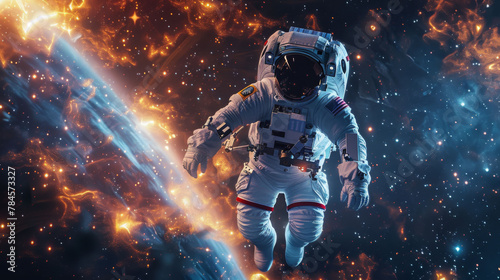 An astronaut caught in the spectacle of cosmic fireworks, with vibrant nebulae and twinkling stars surrounding them in outer space.