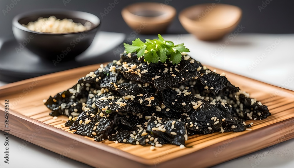roasted nori seaweed and sesame topping in wood plate on white background. Gim, laver, nori
roasted nori seaweed and sesame topping in wood plate on white background. Gim, laver, nori
