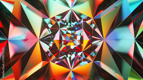 A circular rainbow prism in 3D, triangular facets casting depth and complexity.