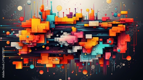 Vibrant Digital Explosion of Geometric Shapes and Patterns in Colorful Composition