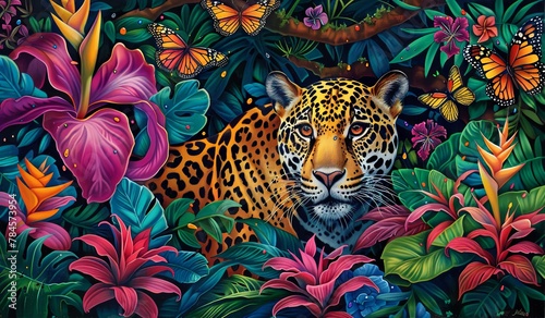 Vibrant jungle scene with a majestic leopard surrounded by tropical flora and fauna
