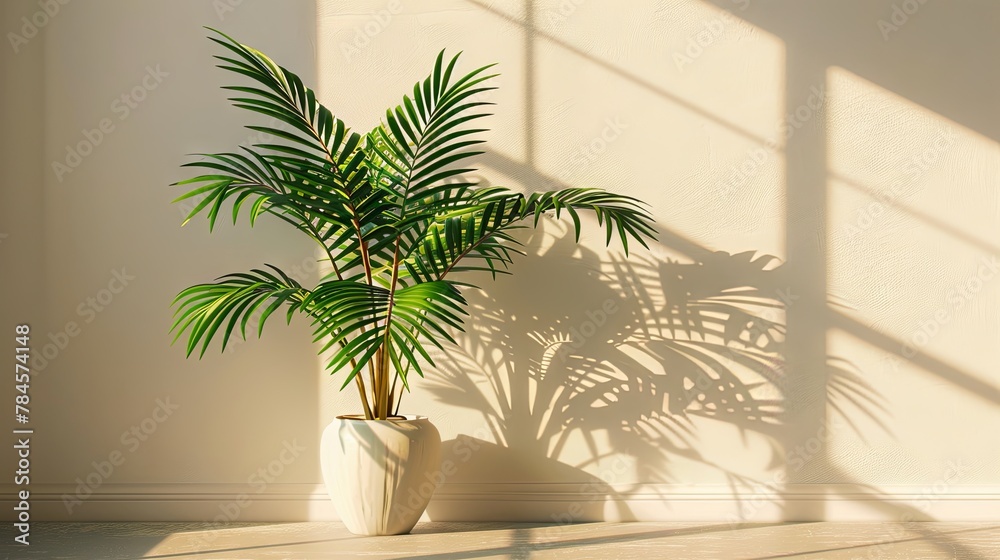 Serene indoor palm plant in white vase with shadow on wall Serene indoor palm plant in white vase with shadow on wall