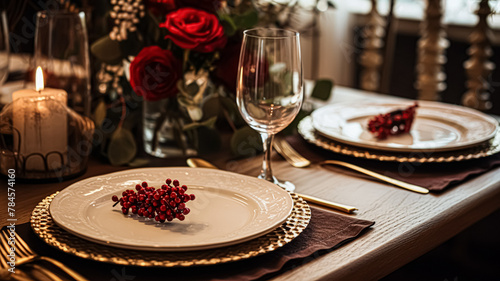 Festive date night tablescape idea, dinner table setting for two and Christmas, New Year, Valentines day decor, English country home styling