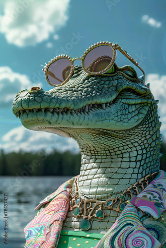 A crocodile wearing sunglasses and a colorful outfit