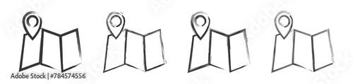 Hand drawn Map and location icon set. Vector illustration.