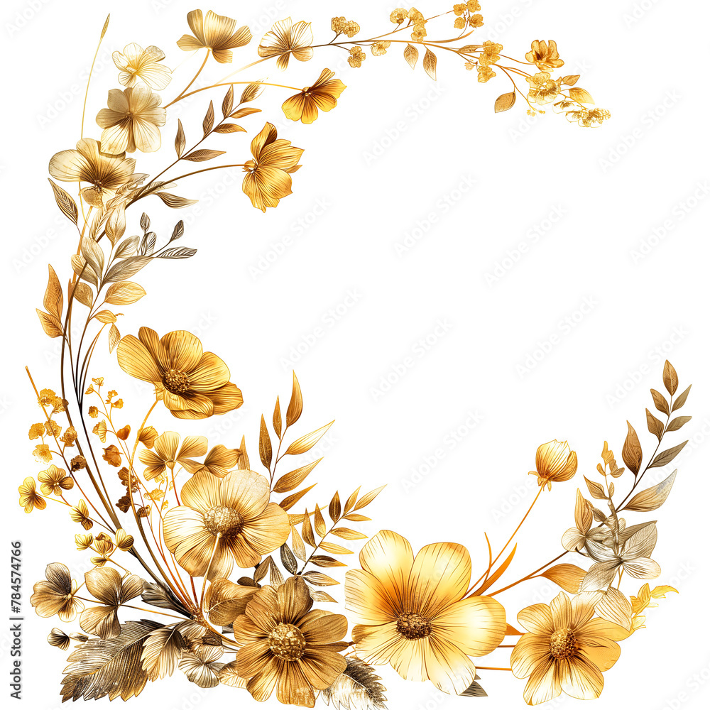 Golden Floral border frame card template isolated on transparent background.