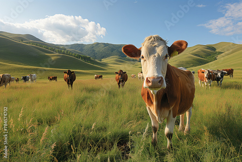 Happy cows with grass fed free range farm, small herd of cows eating fresh grass on an organic farm photo
