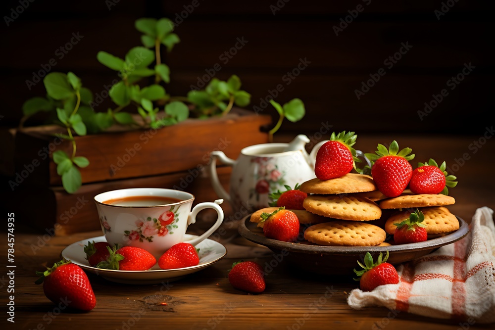Strawberries in a bowl with cookies and cup of tea
