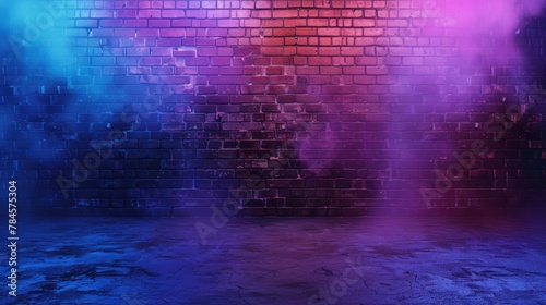 Brick wall, neon light effect and smoke.