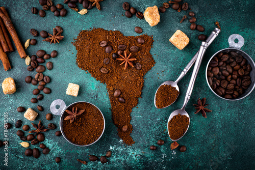 Grounded coffee and beans from South America © Yulia Furman