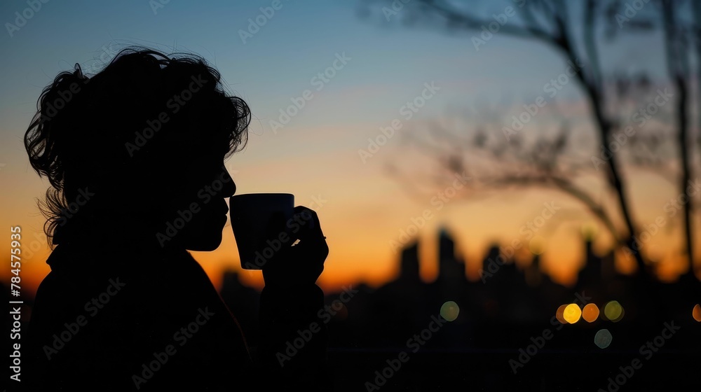 Silhouette of a person sipping coffee at dawn, city skyline in the distance