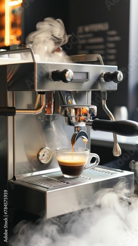 Sleek modern espresso machine amidst steam, a blend of technology and tradition