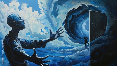 Surreal painting of a figure trying to escape their own shadow, inner conflict