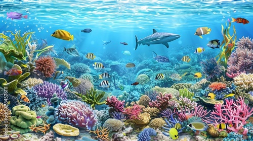 Vibrant Underwater Seascape with Tropical Fish and Coral Reefs © Oksana Smyshliaeva