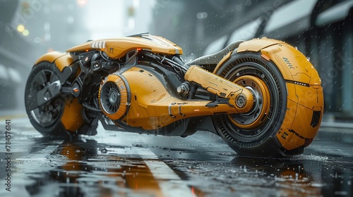 Futuristic motorcycle parked in rain with LED lighting