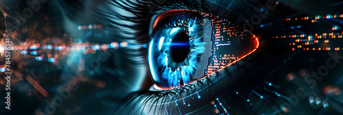 Hacker or AI robot eye in dark tech space, cyborg vision on digital background. Concept of cyber security, technology, future, data, artificial intelligence, hack, network photo