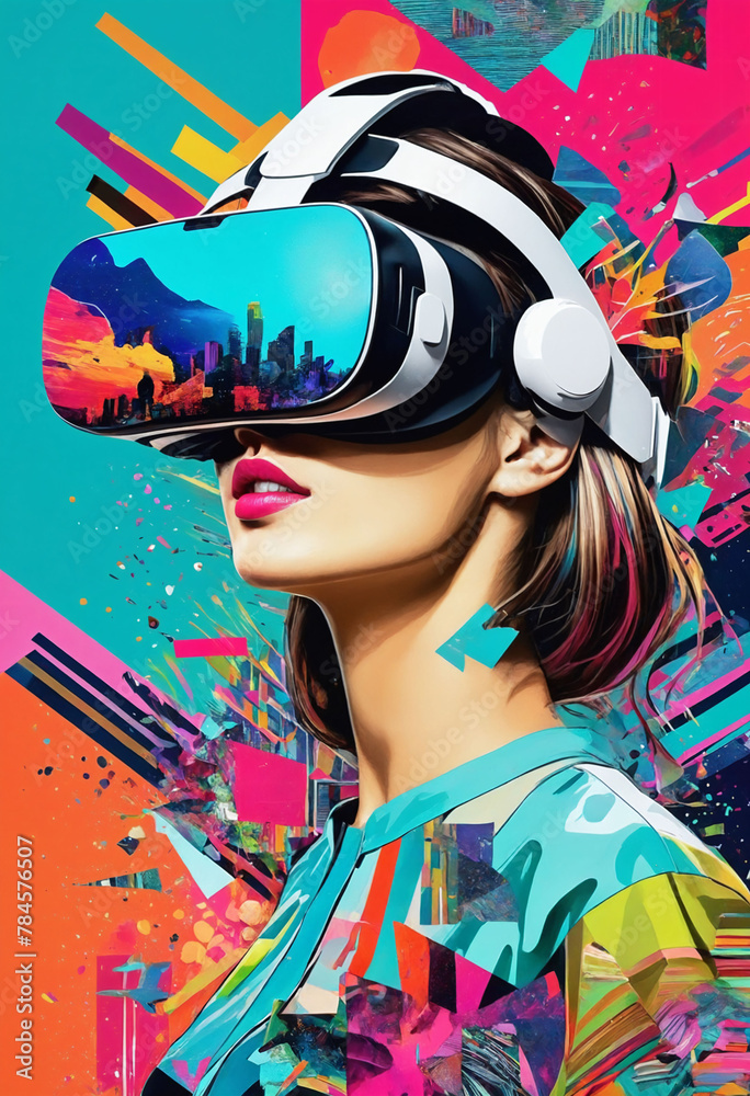 Obraz premium A woman wearing a virtual reality headset with a glitch effect
