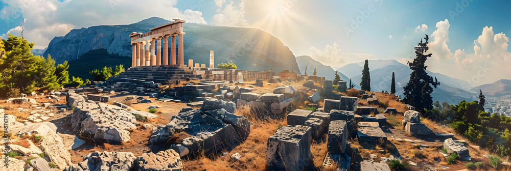 Ancient temple in Greece, view of Greek ruins on mountain and sky ...