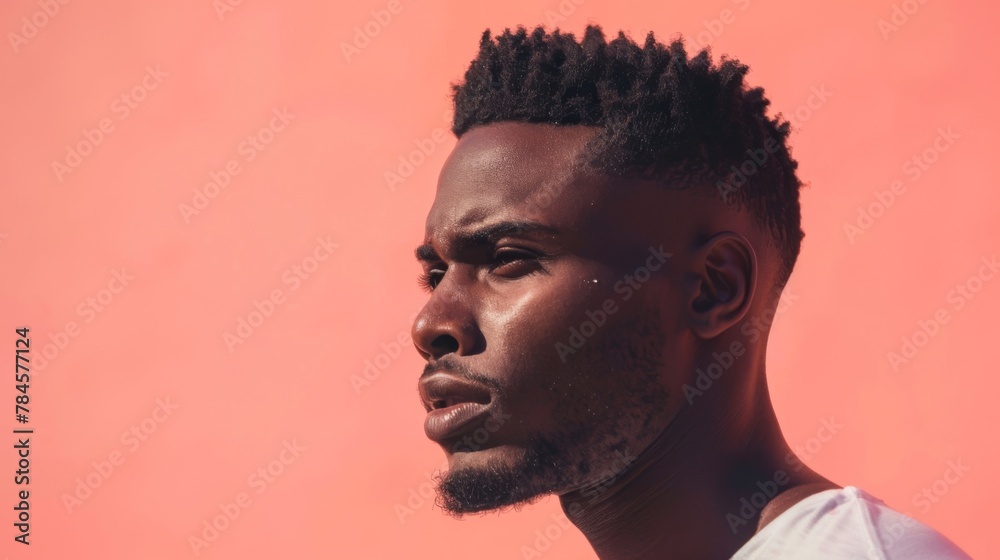 Fototapeta premium Strong Contemplative Young Man Against Coral Backdrop