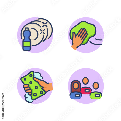 Cleaning company workers line icons set. Cleaning service, maid, team, company, washing dishes, rag, sponge, foam. Calling cleaning company concept. Vector illustration for web design and apps