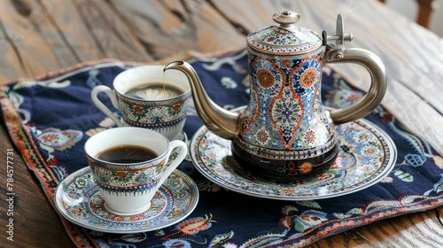 Turkish coffee setup with traditional pot and cup, intricate designs photo