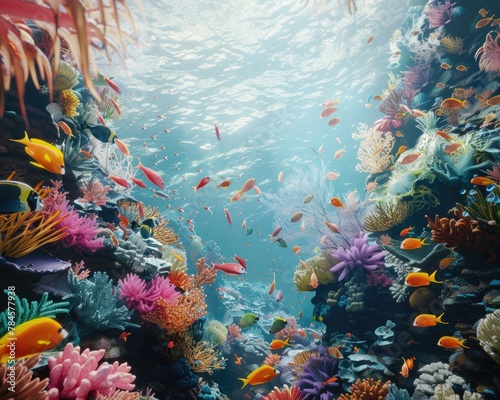 Underwater coral reef teeming with colorful marine life
