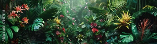 Lush tropical rainforest with bright exotic flowers