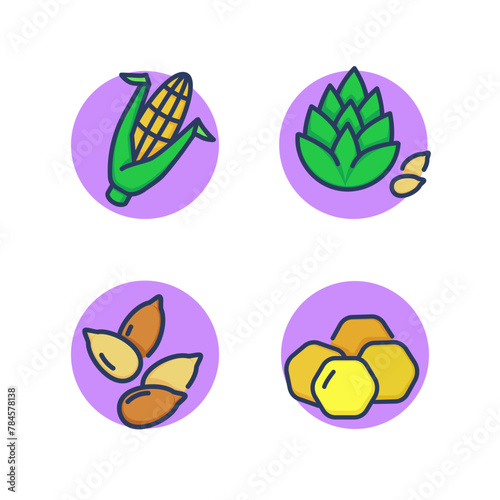 Organic food line icon set. Corn cob, pine nuts, sunflower seeds, honeycomb. Organic products, food concept. Vector illustration for web design and apps