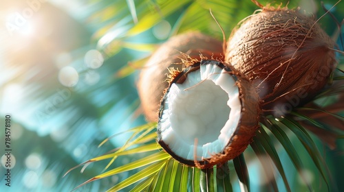 ropical Coconut Photography with Sunlight and Palm Leaves photo