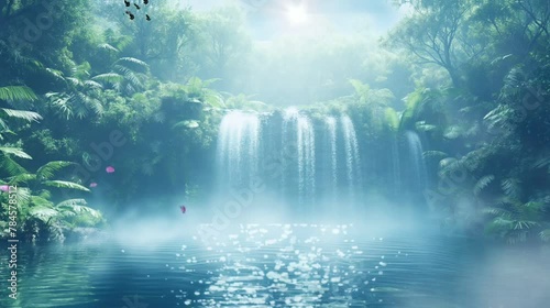 amazon rainforest misty waterfall and river landscape at vibrant sunlight, video HD photo