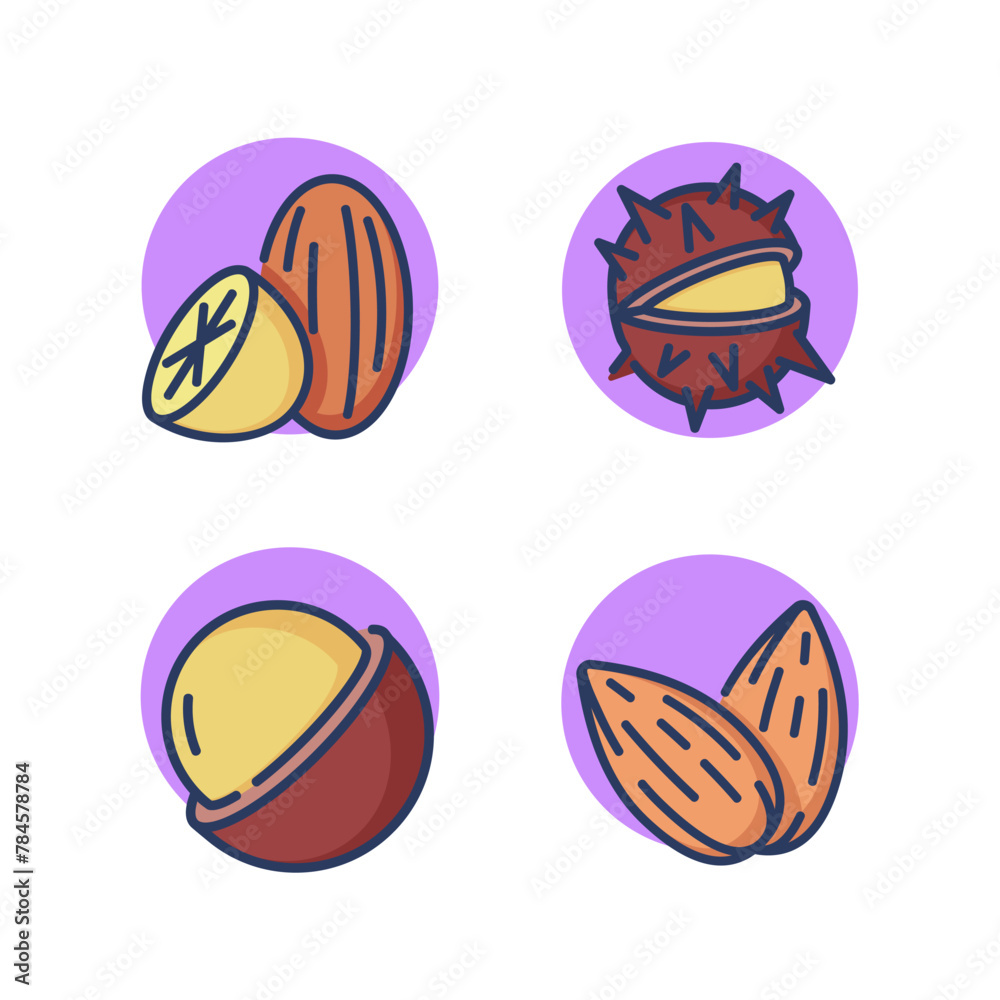 Nuts line icon set. Almonds, chestnuts, shells, macadamia, nuts set. Types nuts concept.Vector illustration for web design and apps Nuts line icon set. Almonds, chestnuts, shells, macadamia, nuts set. Types nuts concept.Vector illustration for web design and apps