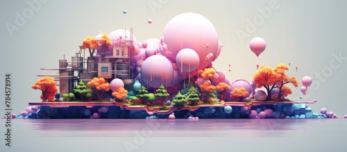 Whimsical Dimensional Landscape with Floating Spheres and Architecture
