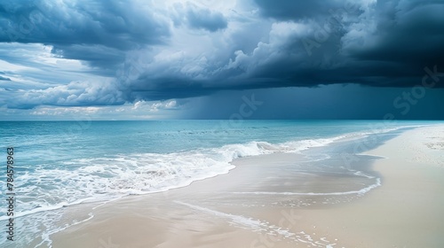 A serene beach scene disrupted by a sudden storm, symbolizing chaos within tranquility, a metaphor for internal struggle