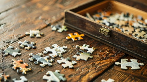 A scattered puzzle on an antique wooden table, halfassembled, symbolizing the perplexing challenge of solving life s mysteries