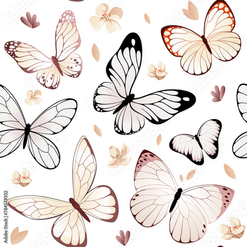 Seamless pattern with butterflies and flowers on white background. Vector illustration.