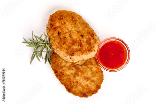 Fried pork cutlets in breadcrumbs, isolated on white background. High resolution image.