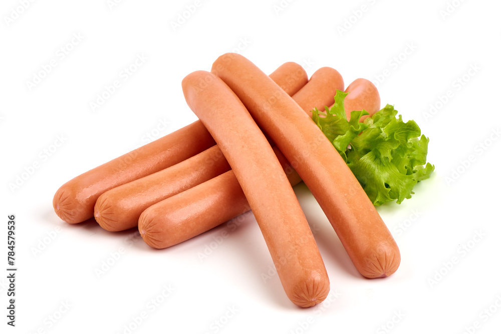 Boiled sausages with lettuce, isolated on white background. Boiled sausages with lettuce, isolated on white background.