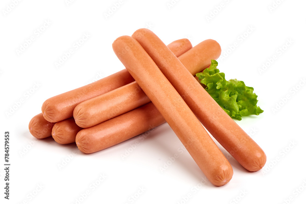 Boiled sausages with lettuce, isolated on white background. Boiled sausages with lettuce, isolated on white background.