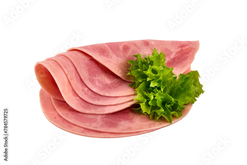 Turkey Boiled Ham, close-up, isolated on a white background.
