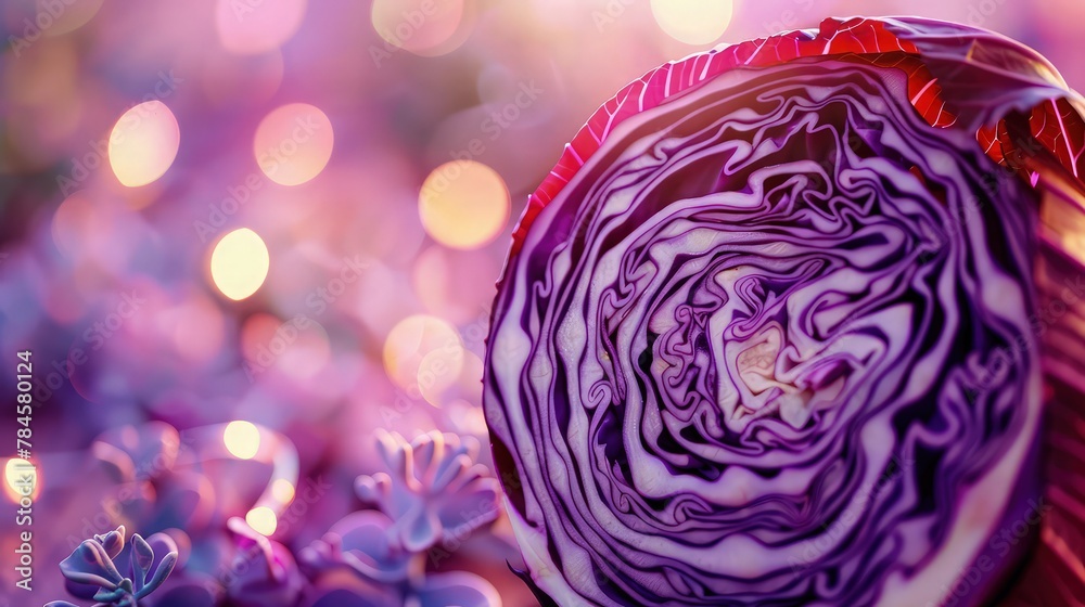 Obraz premium Close-up view of a sliced red cabbage revealing its layered purple texture against a soft bokeh background of purple and pink lights.