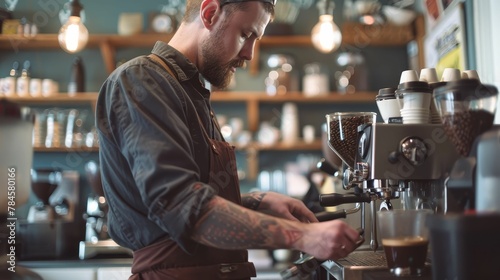 Barista in action at a busy urban coffee shop  capturing the craft and care