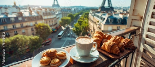 Coffee and pastries on a Paris balcony, Eiffel Tower in the distance, dreamy photo