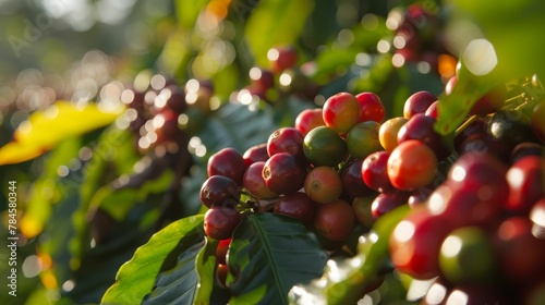 Coffee plants in bloom, closeup on the cherries, a farm to cup journey