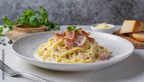 Close-up of spaghetti carbonara with bacon  ham and cheese on table. Restaurant food. Tasty dish.