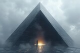 A silhouette of a person stands before an enormous dark pyramid with a glowing entrance, evoking mystery and exploration