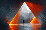 Dramatic red hues highlight a geometric triangle as a lone observer stands before it, captivated by the scene